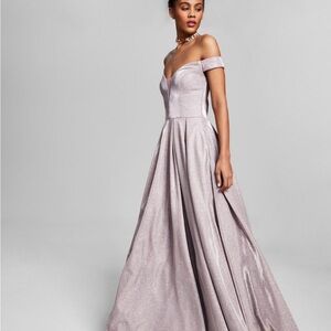 B Darlin Gold Shimmery Full Length Off Shoulder Gown.